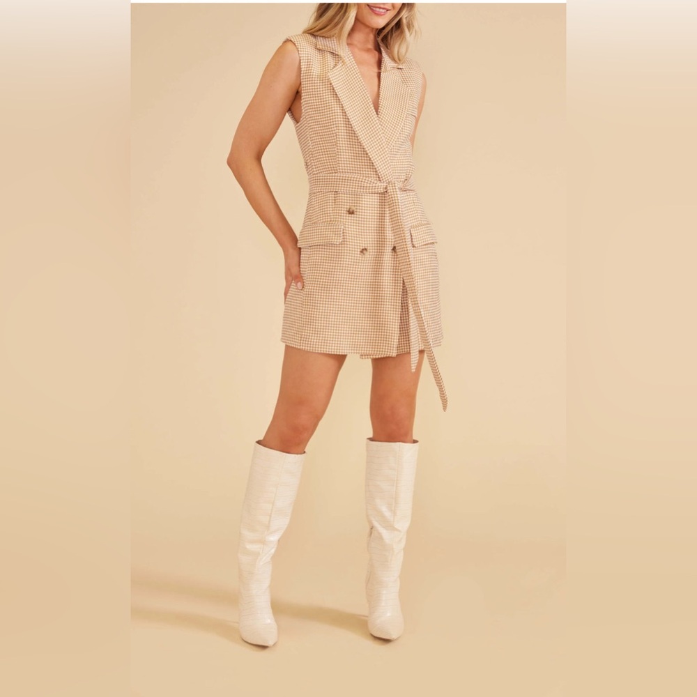 MINKPINK Kennedy Longline Blazer mini dress In Tan/white In Beige mrsp$161